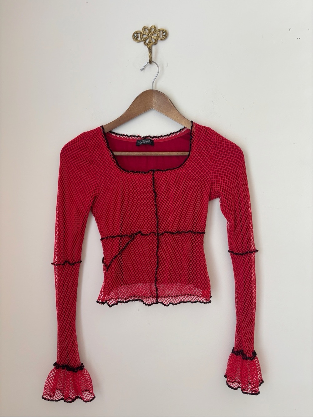 Widow Dolls Kill Red Mesh Long Bell Sleeve Tee Top XS